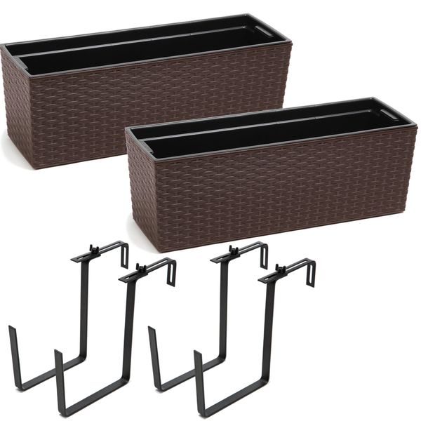 2 Pezzi Fioriera Balcone Cassetta Ringhiera Fioriera Balcone Vaso Portaoggetti Metallo Moka Rattan 56 X15X19 Cm Fioriera-image