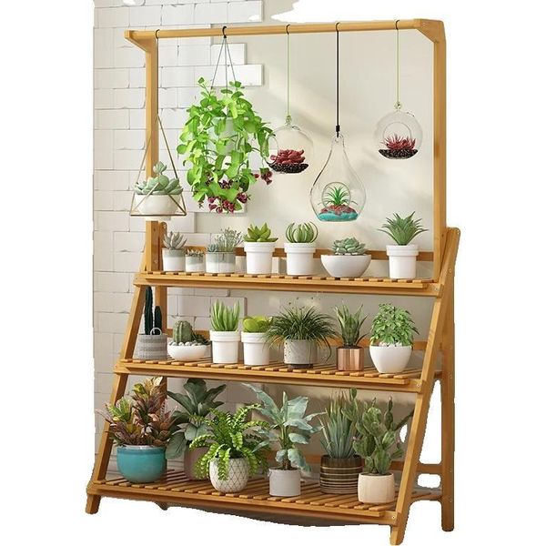 Supporto Per Piante, Scaffale In Bambù A 3 Livelli, Versatile Per Uso Interno Ed Esterno, Legno Naturale, Xl-image