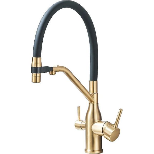 Rubinetto Per Acqua Da Cucina, Doppia Bocca, Facile Da Installare, Oro Spazzolato-image