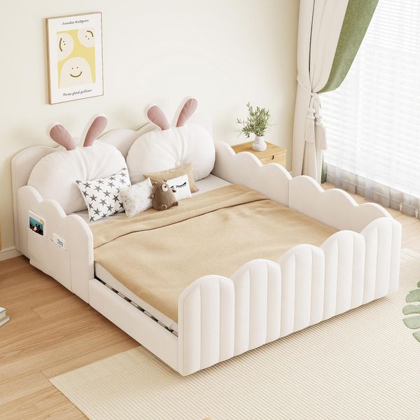 Letto Per Bambini Merax Imbottito 140X200 Cm, Letto A Piattaforma Imbottito Con Cuscino A Forma Di Coniglio, Tasche Laterali, Letto Per Ragazzi, Letto Matrimoniale, Beige-image