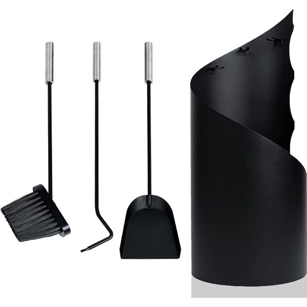 Yuenfong Set Per Caminetto Moderno 4 Pezzi Con Pala, Scopa, Attizzatoio E Supporto, Posate Per Stufa, Nero, 56X22X22 Cm-image