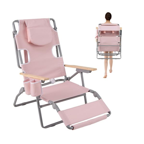 Costway Sedia Da Spiaggia Pieghevole, Sedia Da Campeggio Con Poggiapiedi, Schienale Regolabile, Poggiatesta E Portabicchieri, Sedia Pieghevole Con Funzione Reclinabile Rosa-image