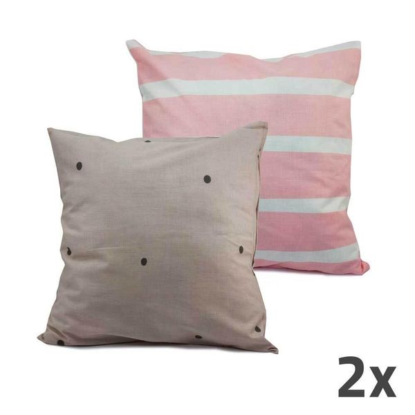 Home Elements Federa 40X40 Cm, Set Di 2, Due Disegni, Grigio A Pois + Rosa A Righe-image