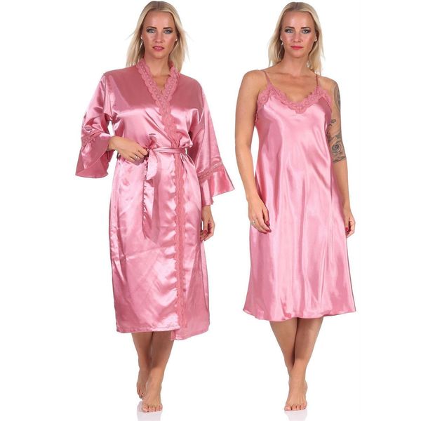 Vestaglia Donna 2 Pezzi Kimono Negligee Vestaglia Di Raso Con Pizzo; Rosa Scuro/L/40-image