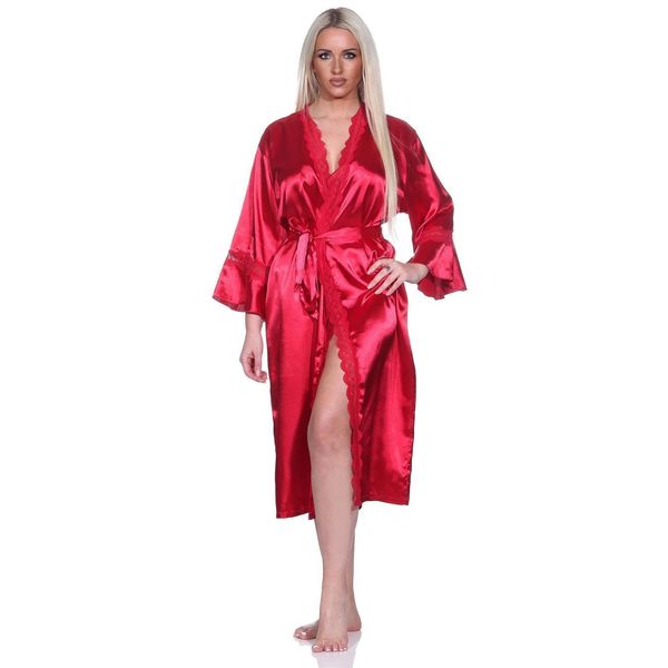 Vestaglia Da Donna Kimono Vestaglia Da Notte In Raso Con Pizzo; Rosso Vino/L/40-image