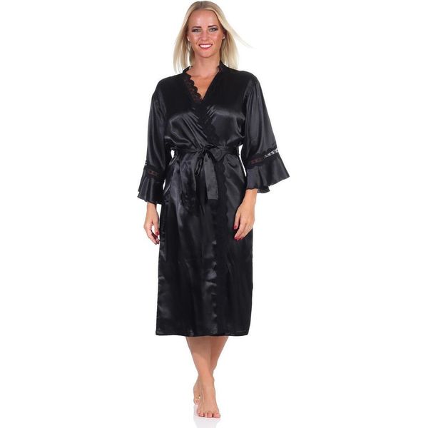 Vestaglia Kimono Da Donna Vestaglia Da Notte In Raso Con Pizzo; Nero/L/40-image