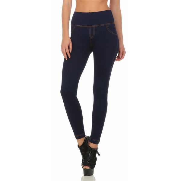 Leggings Donna Look Denim Vita Alta Jeans Skinny Tubo; Blu XL/2XL-image