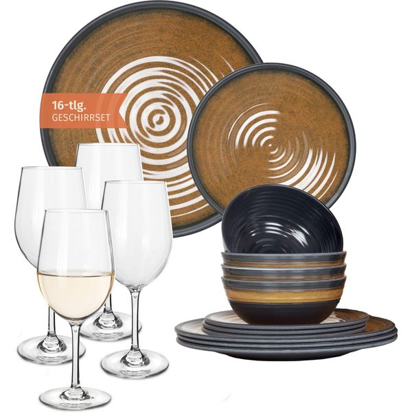 Set Di Stoviglie Da Campeggio In Melamina 4 Persone Stone Curry + 4 Bicchieri Da Vino Tiamo White Stoviglie Picnic Bbq Cookware-image