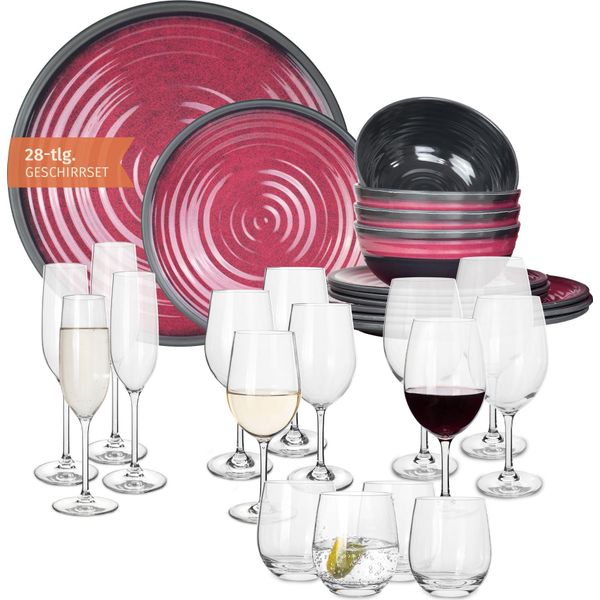 Set Di Stoviglie Da Campeggio In Melamina 4 Persone Stone Red + 16 Bicchieri Tiamo Bicchieri Da Acqua Bicchieri Da Vino Bicchieri Da Champagne FlûTes Stoviglie Picnic Bbq Cookware-image