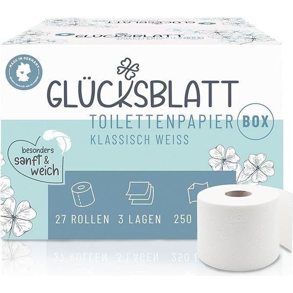 Scatola Di Carta Igienica GlüCksblatt, 3 Veli, 27 Rotoli X 250 Fogli, 100% Cellulosa, Confezione Sfusa, Carta Igienica Super Morbida-image