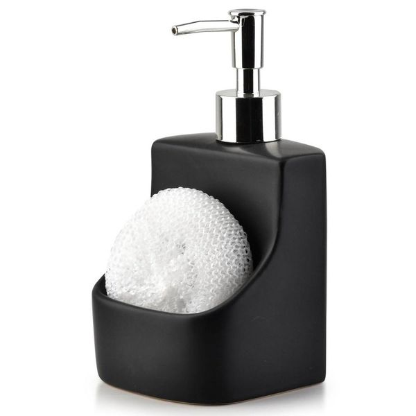 Vilde Dispenser Di Detersivo Con Porta-Spugna E Spugna Dosatore Di Sapone Da Cucina In Ceramica Nero 400 Ml-image