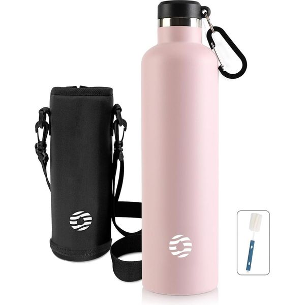 Feijian Borraccia In Acciaio Inox Da 1 Litro Con Moschettone - Bottiglia Thermos A Prova Di Perdite Per Tè Caffè Gassato, Borraccia Sportiva Da Esterno Senza Bpa-image