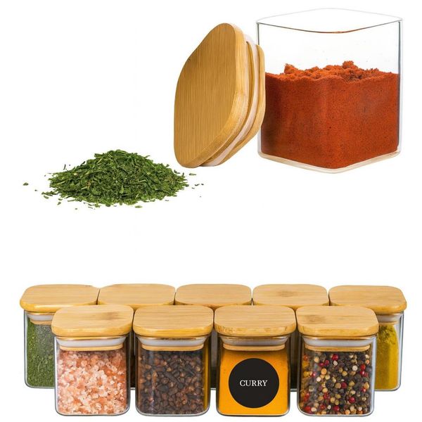 Forsmano Set Di Barattoli Quadrati Per Spezie, 10 Barattoli Da 220 Ml Con Coperchi In Bambù, Barattoli Per Spezie In Vetro Borosilicato, Ermetici Per Caffè, Tè E Spezie-image