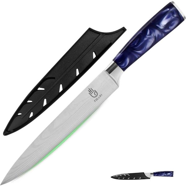 Coltello Da Cucina Fullhi Da 8 Pollici, Multicolore, Acciaio Inossidabile, Manico In Resina Viola, Lama Affilata, Custodia Protettiva Inclusa.-image