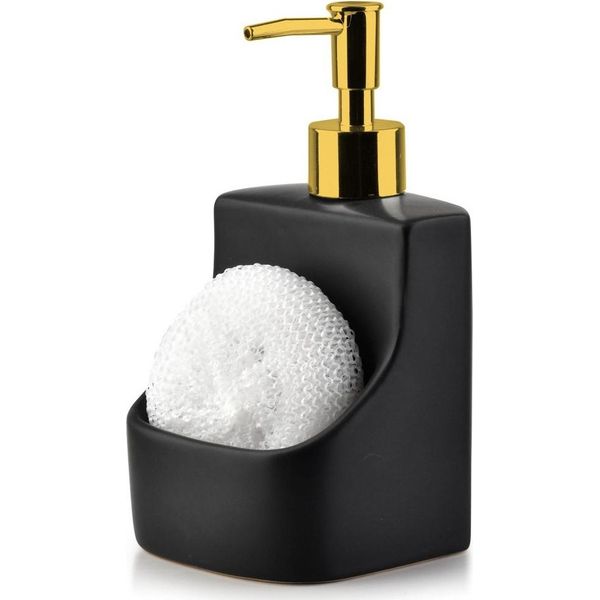 Vilde Dispenser Di Detersivo Con Porta-Spugna E Spugna Dosatore Di Sapone Da Cucina In Ceramica Nero 400 Ml-image