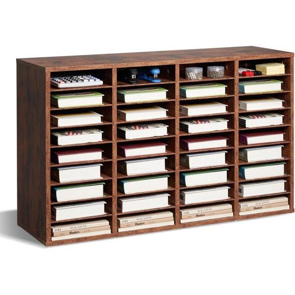 Organizzatore Di Letteratura In Legno - Marrone Scuro Con 36 Scomparti - Ripiani Rimovibili - Organizzatore Di Libri-image