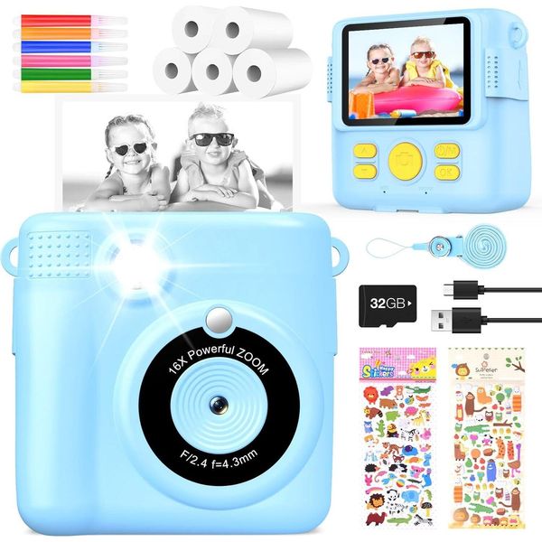 Digitalcamera Stampa Fotocamera Istantanea 1080P Videocamera Fotocamera In Bianco E Nero (Blu)..-image