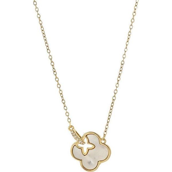 Collana Flamenco Mystique In Acciaio Chirurgico Placcato Oro 14K Con Zirconi E Motivo A Trifoglio NST2196-image