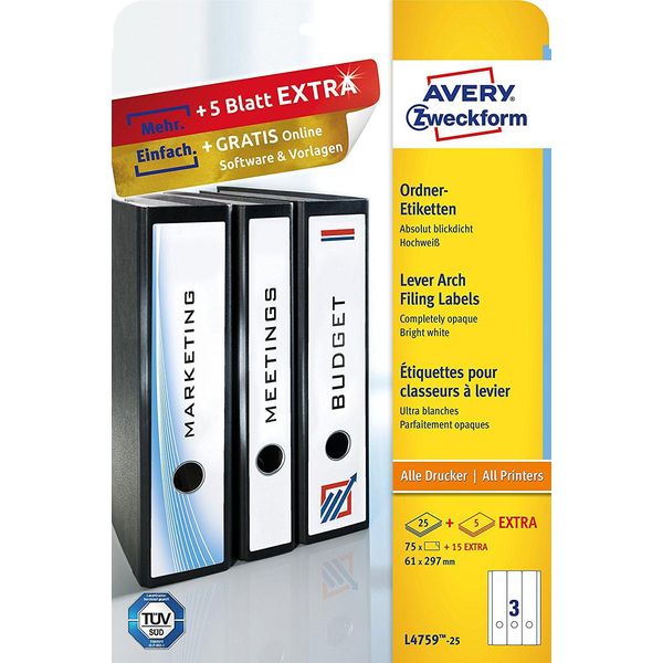 Avery Zweckform® L4759-25 Etichette Per Cartelle, 61 X 297 Mm, Cartelle Larghe (Lunghe), 30 Fogli/90 Etichette, Bianco-image