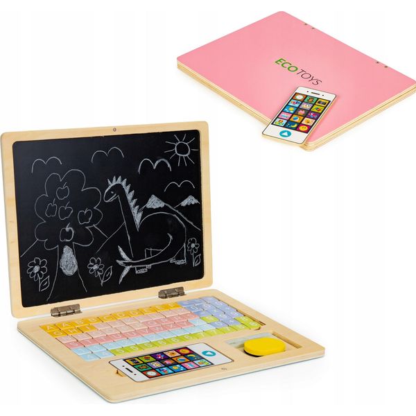 Lavagna Educativa Magnetica In Legno Per Laptop Con Telefono E Lettere Ecotoys-image