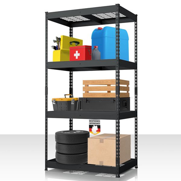 Scaffale Per Carichi Pesanti Nero Yukon Rivet, 180 X 90 X 60 Cm, Scaffale In Acciaio Con Ripiani In Rete, Portata Di 250 Kg Per Ripiano, Scaffale Per Magazzino Con 4 Ripiani, Scaffale Per Cantina-image