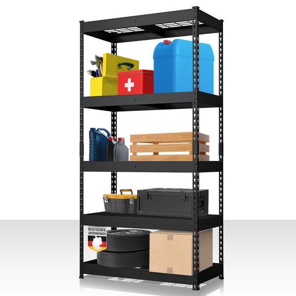 Scaffale Per Carichi Pesanti Nero Yukon Rivet, 180 X 90 X 45 Cm, Scaffale In Acciaio Con Ripiani In Rete, Portata Di 250 Kg Per Ripiano, Scaffale Di Stoccaggio Con 5 Ripiani, Scaffale Per Cantina-image