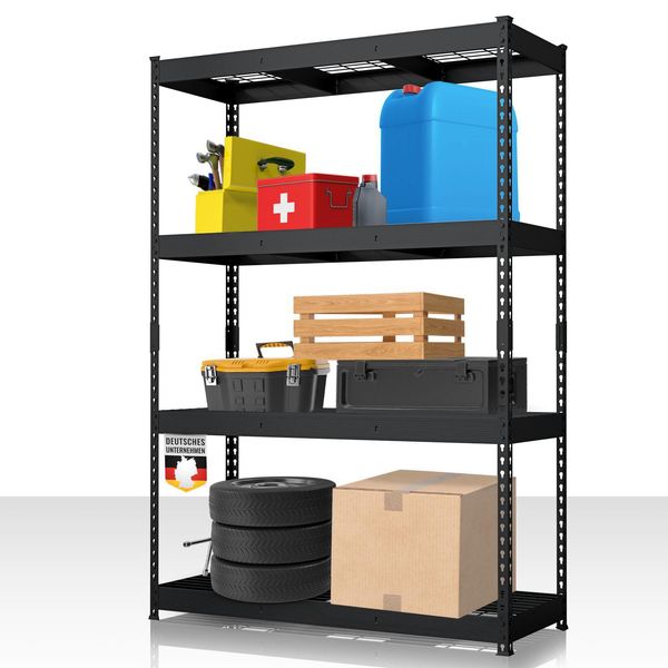 Scaffale Per Carichi Pesanti Nero Yukon Rivet, 180 X 120 X 60 Cm, Scaffale In Acciaio Con Ripiani In Rete, Portata Di 350 Kg Per Ripiano, Scaffale Per Magazzino Con 4 Ripiani, Scaffale Per Cantina-image