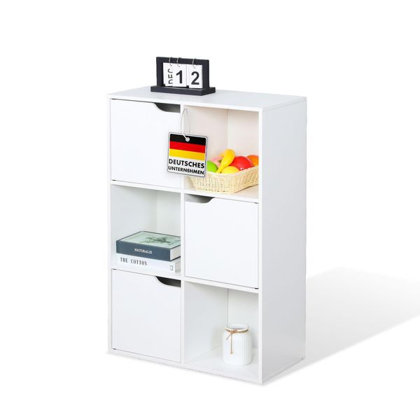 Libreria, Scaffale A Pavimento In Mdf Bianco Con 6 Scomparti E 3 Ante, 59,6 X 29 X 91 Cm, Protezione Antiribaltamento, Connecticut-image