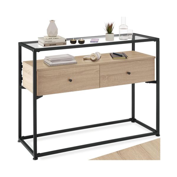 Tectake® Konsolentisch, Industrial Style, Platte Aus Sicherheitsglas, 2 GroßE Schubladen, 101,5 X 41,5 X 80,5 Cm-image