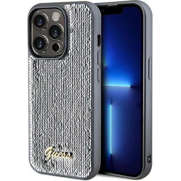 Guess Guhcp14Lpsfdgss Custodia Rigida Per Iphone 14 Pro 6.1 Srebrny/Argento Sequin Script Metallo-image