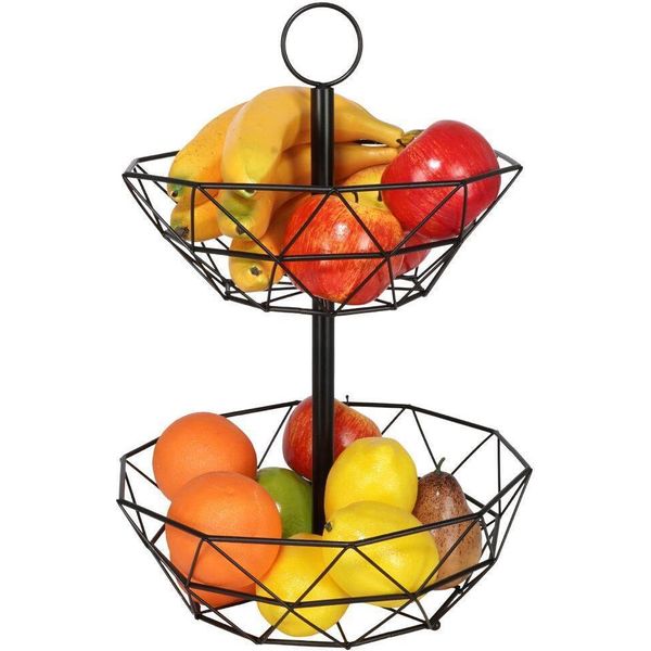 Moderno Cesto Portafrutta A Due Livelli In Metallo Nero Per Cucina-image