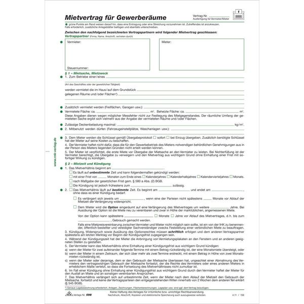 Rnk Verlag 598/10 Contratto Di Locazione Per Locali Commerciali, 6 Pagine, Piegato In Din A4, 10 Pezzi-image