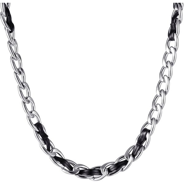 Edelstahlkette Firetti "Schmuck Geschenk Edelstahl Leder Halsschmuck Halskette Panzerkette", Schwarz (Edelstahlfarben, Schwarz), Halsketten, Damen, Edelstahl Leder, L: 55 B: 10Mm, Edelstahl, Leder, Edelstahlkette, B:10Mm-image