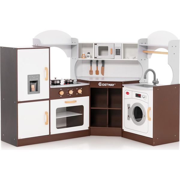 Cucina Da Gioco Ad Angolo Costway, Cucina Per Bambini Con Luci E Suoni, Cucina Da Gioco Per Bambini Con Lavello, Gelatiera, Forno, Pentole, Cucina Giocattolo In Legno Per Bambini Da 3 Anni (Marrone)-image
