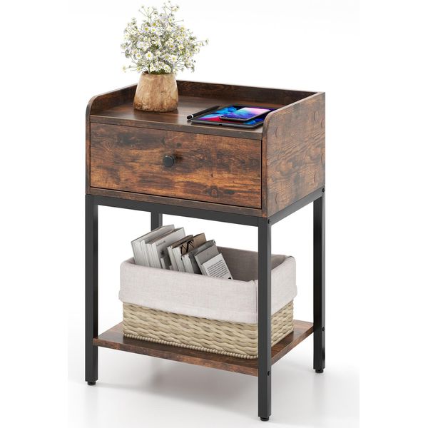 Comodino Costway Con Stazione Di Ricarica, Porte Usb, Cassetto, Tavolino Marrone-image