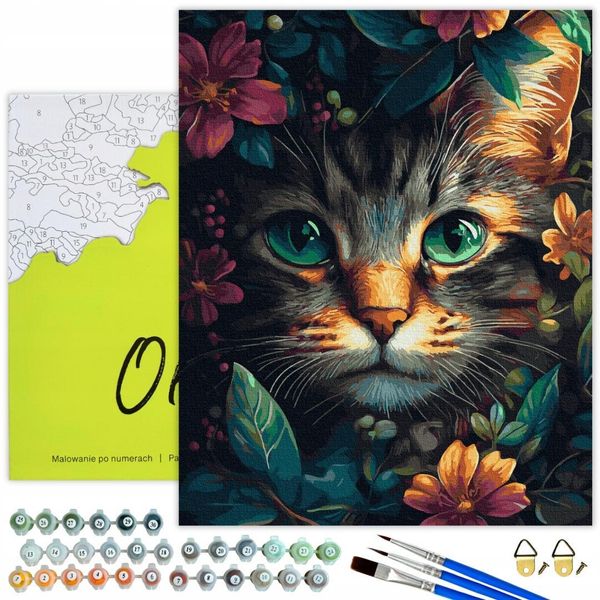 Oh Art! Paint By Numbers Animals - Cat Flowers 50X40 Cm - Set Fai Da Te Tela Con Telaio, 28 Colori Acrilici, 3 Pennelli E Accessori - Adulti E Bambini-image