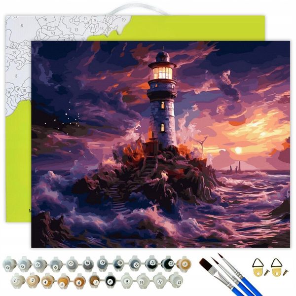 Oh Art! Pittura Per Numeri Adulti Paesaggio - Faro In Tempesta 50 X 40 Cm - Set Fai Da Te Tela Con Telaio, 30 Colori Acrilici, 3 Pennelli E Accessori-image