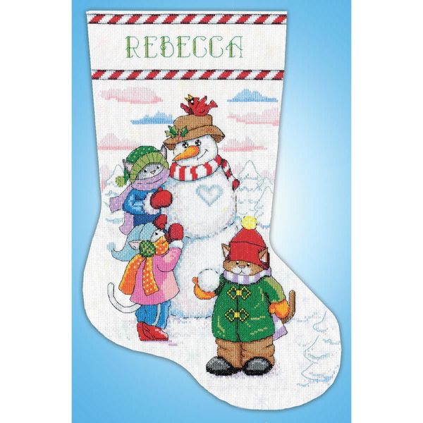 Kit Per Ricamo A Punto Croce Design Works "Calza Di Natale Con Pupazzo Di Neve E Gatti"", Schema Contato, 43X30Cm"-image