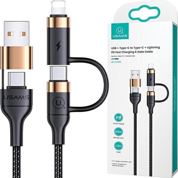 Usams Kabel Pleciony U62 2Xusb-C/Usb-A/Lightning 1,2M Pd Fast Charge Czarny/Nero Sj483Usb01 (Us-Sj483)-image