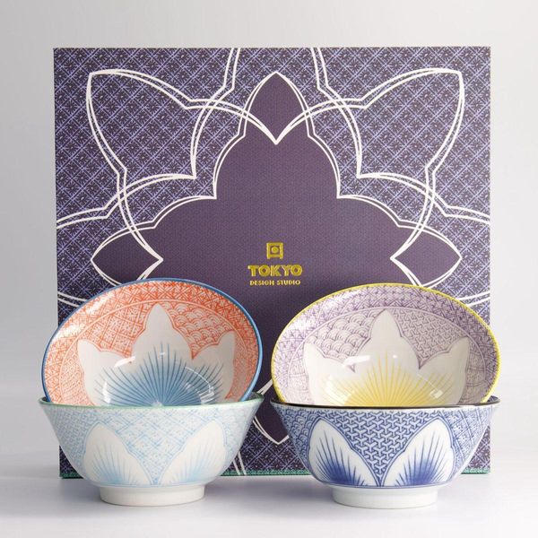 Tokyo Design Studio - Lilly Flower - Fiori - Set Di Ciotole Per Ramen - 4 Pezzi - 14,8 X 6,8 Cm - 550 Ml-image