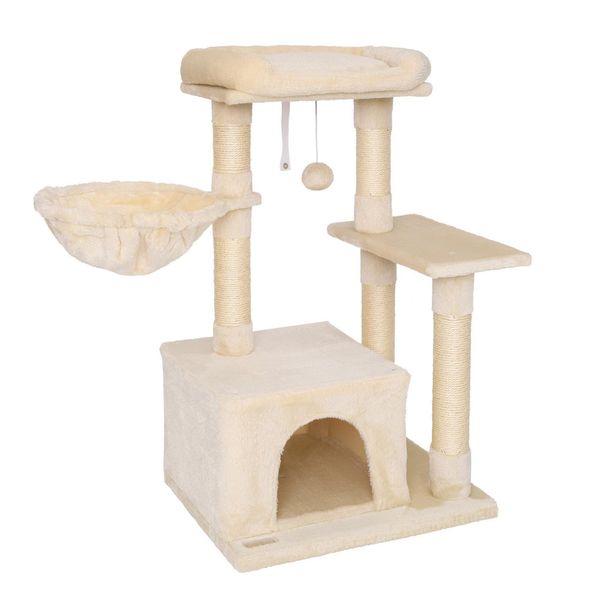 Tiragraffi Compatto Lionto 85 Cm, Albero Per Gatti Salvaspazio Con Palla Da Gioco, Tronco In Sisal E Superficie Tiragraffi, Beige-image
