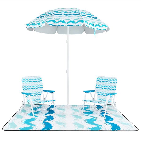 Costway 2 Set Di Sedie Da Spiaggia, Sedie Pieghevoli Con Ombrellone, Coperta Da Spiaggia E Da Picnic, Ombrellone Con Borsa Per Il Trasporto, Pieghevole A 30° Su Entrambi I Lati Blu-image