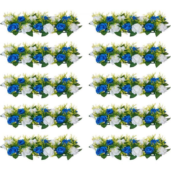 Bouquet Di Fiori Artificiali 10X, 500X220X120Mm, Composizione Di Rose Artificiali Blu E Bianche - Composizioni Floreali Decorative Per Matrimoni Ed Eventi-image