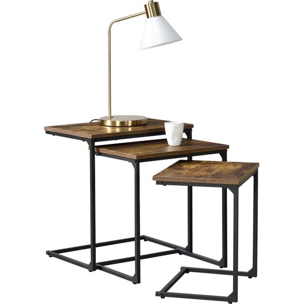 Set Di Tavolini TjöRn Set Di 3 Tavolini Da Divano 3 Pezzi Tavolini Da Salotto Struttura In Metallo Tono Legno Scuro-image