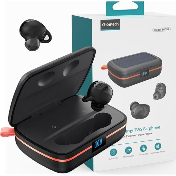 Cuffie Wireless Choetech Tws Impermeabili Con Pannello Solare E Powerbank Incorporato 2500Mah Nero (Bh-T05)-image