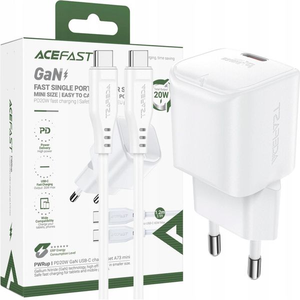 Acefast A73 Mini Pd 20W Caricabatterie Gan + Cavo Usb-C - Bianco-image