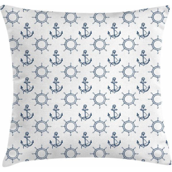 Abakuhaus Federa Per Cuscino Anker, Timone Icone Marittime Ispirazione Nautica Motivo Monocromatico Ripetitivo, 45 X 45 Cm, Blu Navy Bianco-image