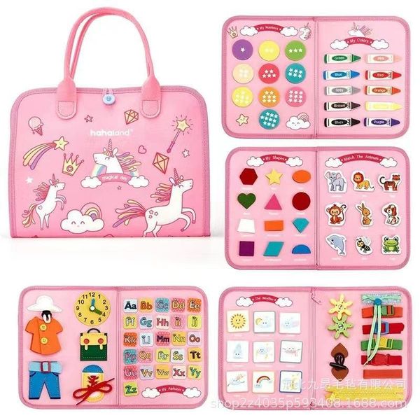 Giocattolo Educativo Per Bambini In Feltro, Lavagna Per Le Abilità Motorie, Multifunzionale, Giocattolo Da Viaggio, Unicorno Rosa-image