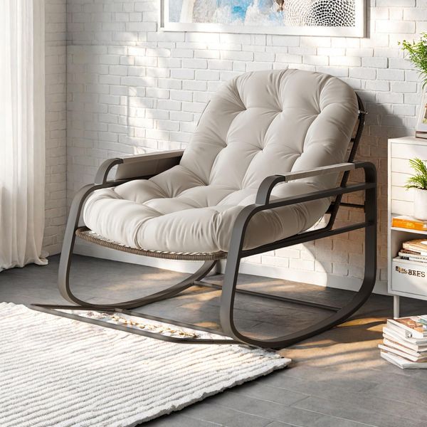 Proximax Sedia A Dondolo Da Esterno Con Poggiapiedi | Sedia In Rattan Intrecciato Beige Con Rivestimento In Tessuto E Telaio Pieghevole | Giardino, Balcone, Terrazza-image