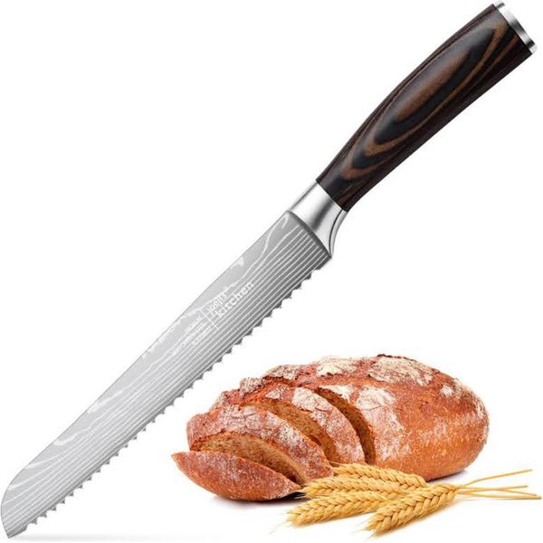 Coltello Da Pane Fullhi, 8 Pollici, Multicolore, Coltello Da Cucina Giapponese, Acciaio Inox, Corpo In 2 Pezzi, Con Protezione (Caffè In Legno).-image